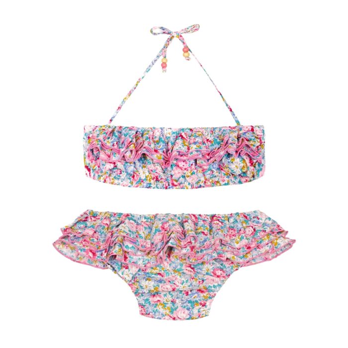 Two-piece summer swimsuit for girls in pink and light blue liberty cotton with a headband and ruffled panties by the fashion brand LA FAUTE A VOLTAIRE
