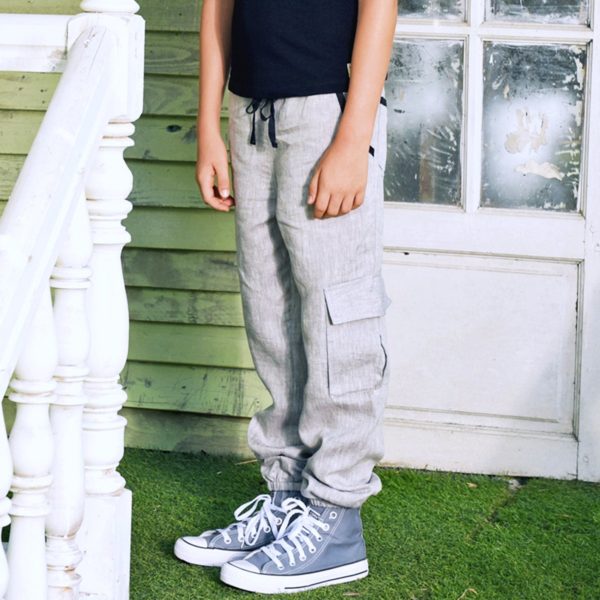 Grey linen contrast cargo pants with elastic waistband and pockets for boys 2 to 12 years old