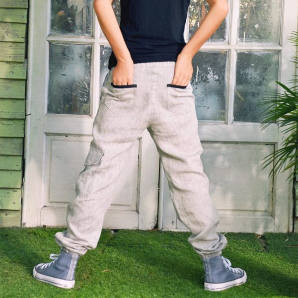 Black contrasting grey linen cargo pants with elastic waist and pockets for boys aged 2 to 12