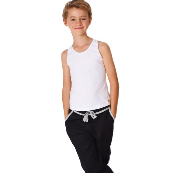 White contrasting black linen cargo pants with elastic waist and pockets for boys aged 2 to 12