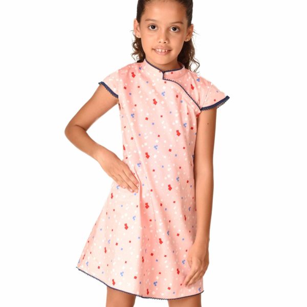 Chinese dress for girls from 2 to 14 years old apricot pink with graphic prints and navy blue lace