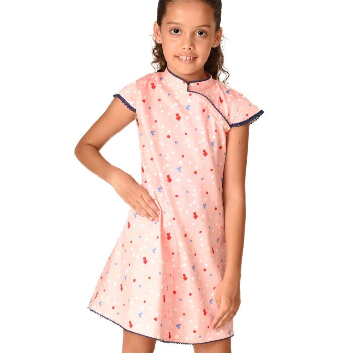Chinese dress for girls from 2 to 14 years old in apricot pink with graphic prints and navy blue lace