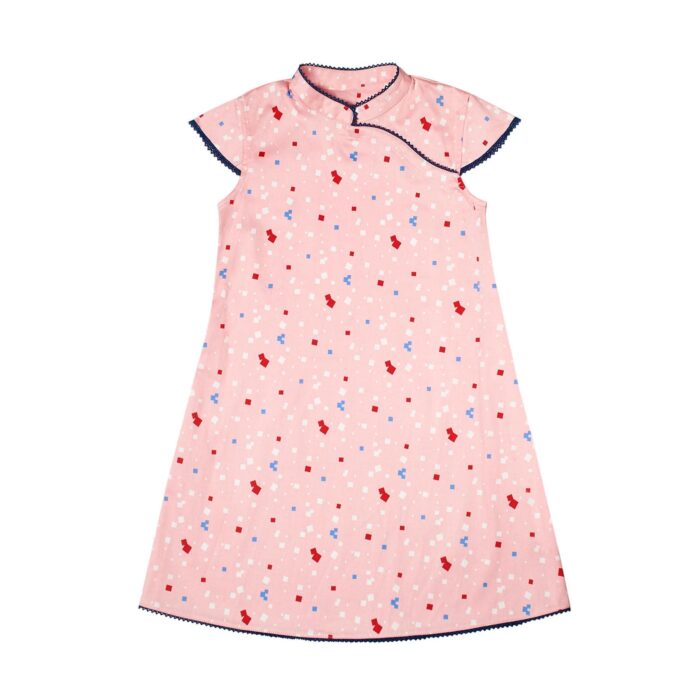 Chinese dress for girls from 2 to 14 years old in apricot pink with graphic prints and navy blue lace