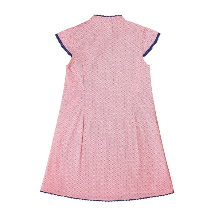 robe style chinoise avec col Mao en coton rose imprimé géométrique avec dentelle bleu marine au col et sur manches courtes, pour filles de 2 à 12 ans