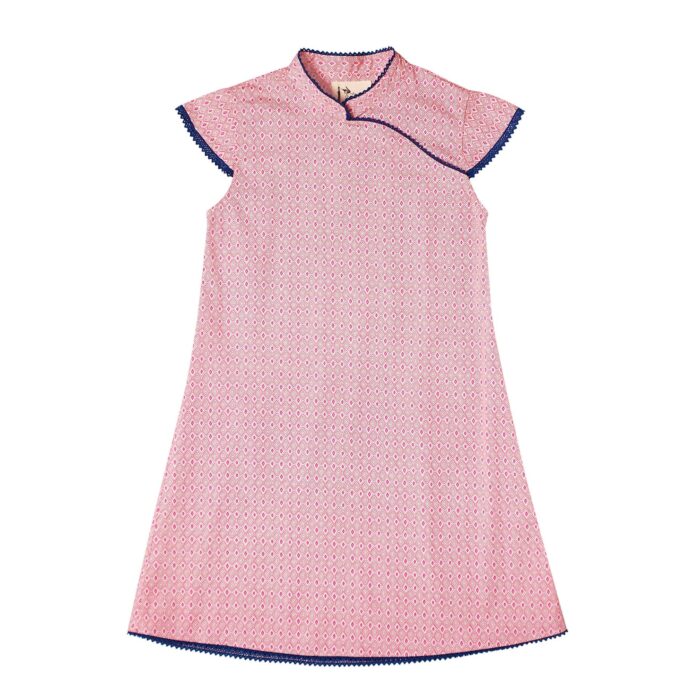 robe style chinoise avec col Mao en coton rose imprimé géométrique avec dentelle bleu marine au col et sur manches courtes, pour filles de 2 à 12 ans