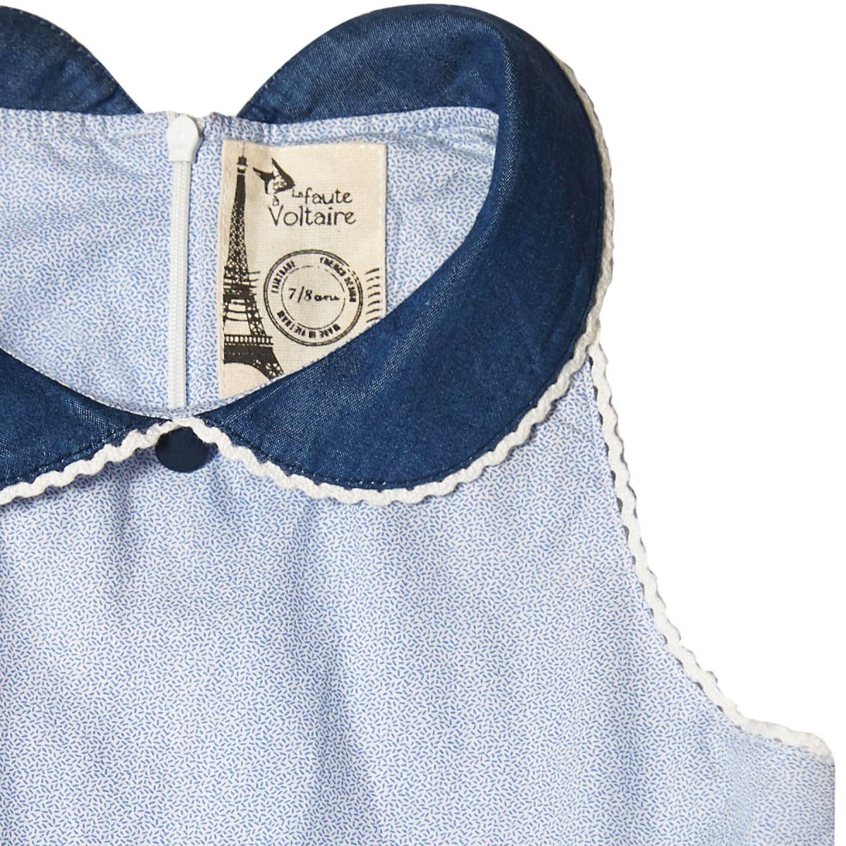 Jolie robe de cérémonie élégante en coton bleu ciel à col Claudine bleu marine qui tourne à l'horizontal pour petites filles et demoiselles d'honneur