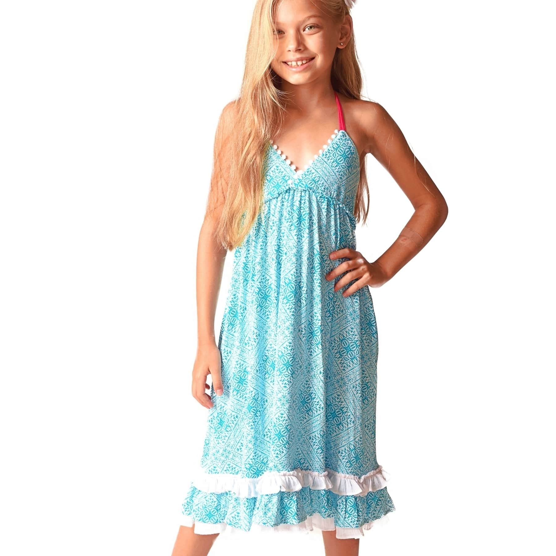 Green and white cotton jersey long beach dress with V-neck, ruffles, fuchsia pink elastic strap around the neck for girls from the children's fashion brand LA FAUTE A VOLTAIRE