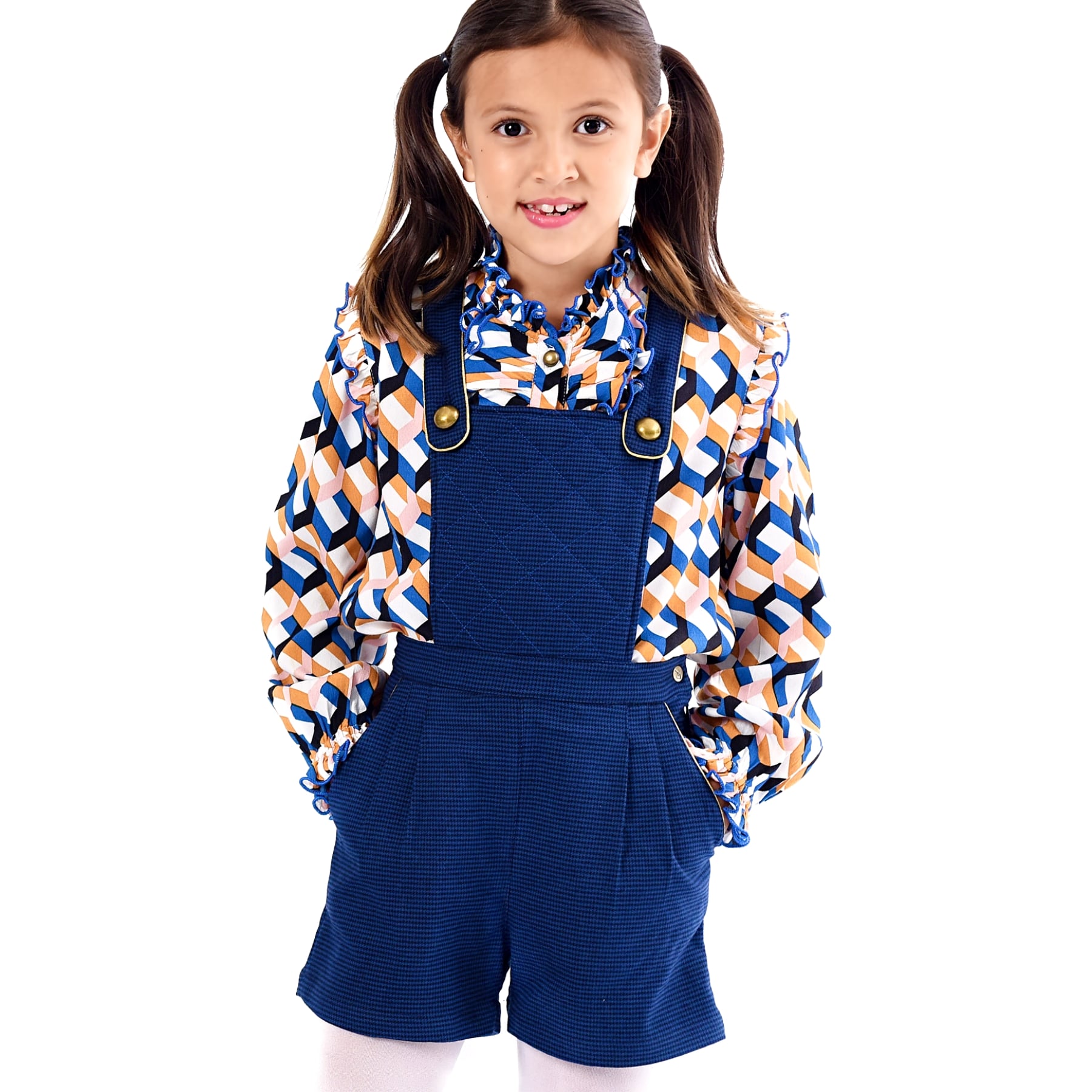 Combi short en laine pied de poule bleu marine avec biais doré pour filles et fillettes de la marque de mode pour enfants la faute a voltaire