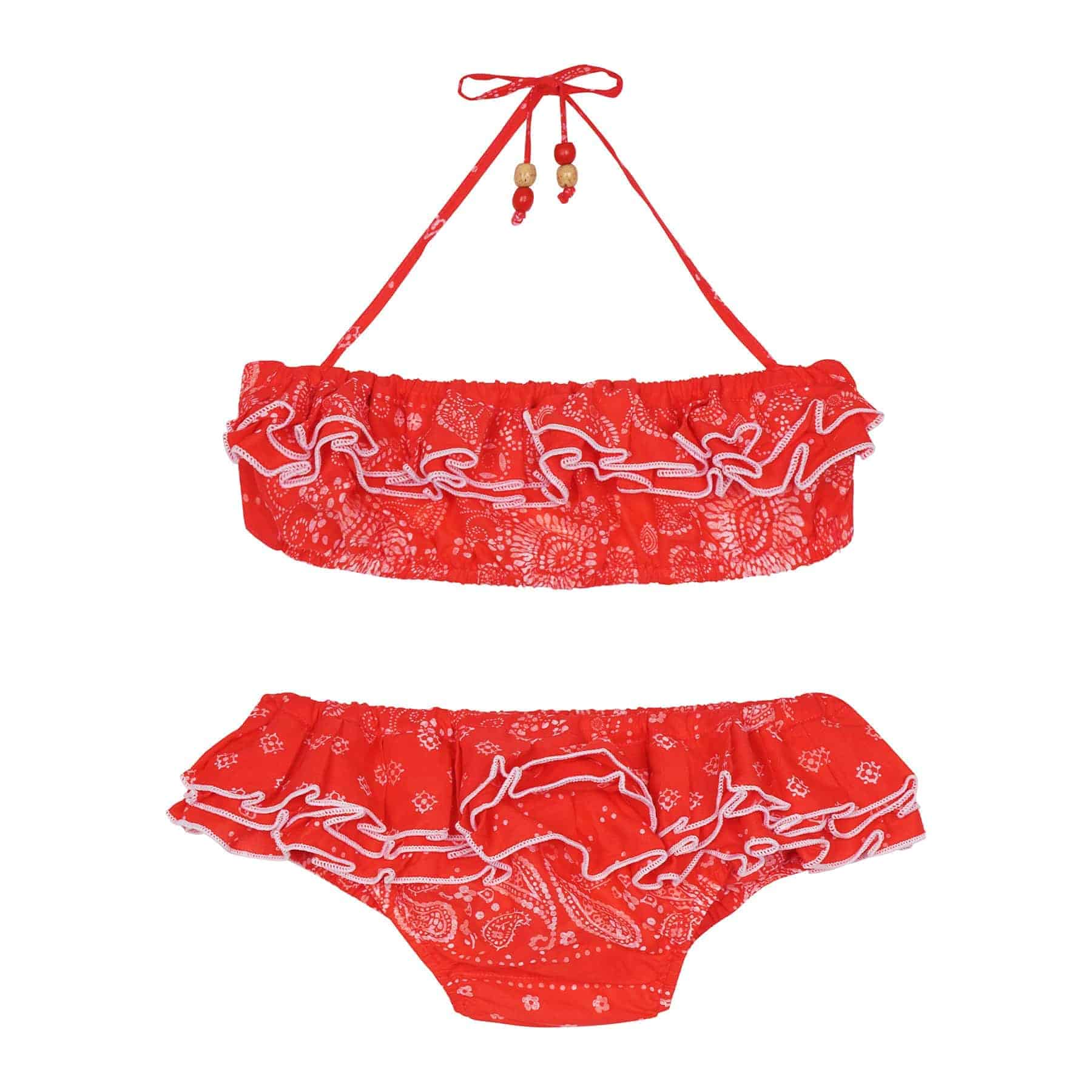 Maillot de bain deux pièces à volants pour filles en coton rouge imprimé cachemire blanc de la marque de mode pour enfant LA FAUTE A VOLTAIRE