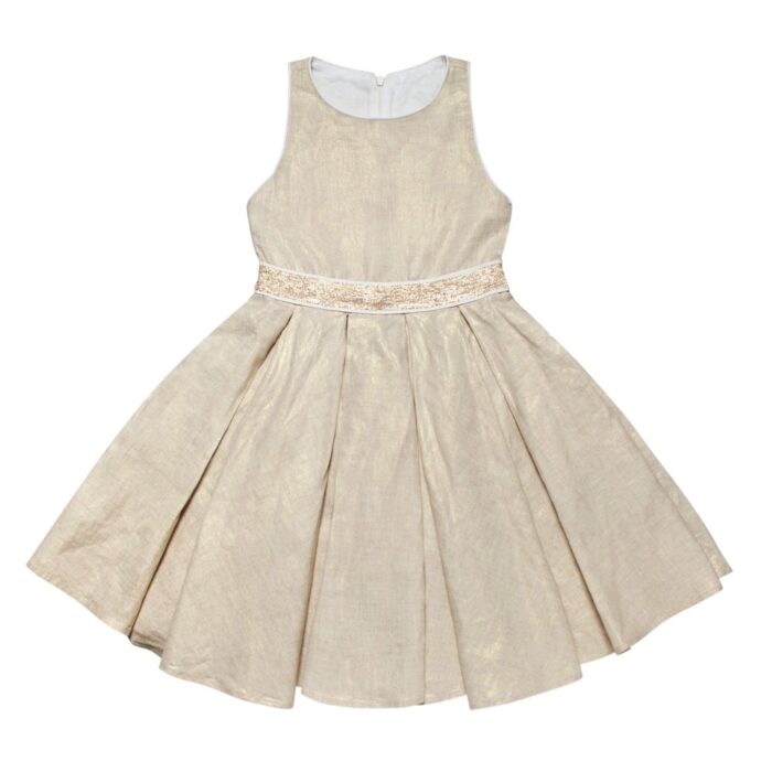 Golden beige formal dress that turns, American armholes, golden sequins. Dress for girls from the children's fashion brand LA FAUTE A VOLTAIRE