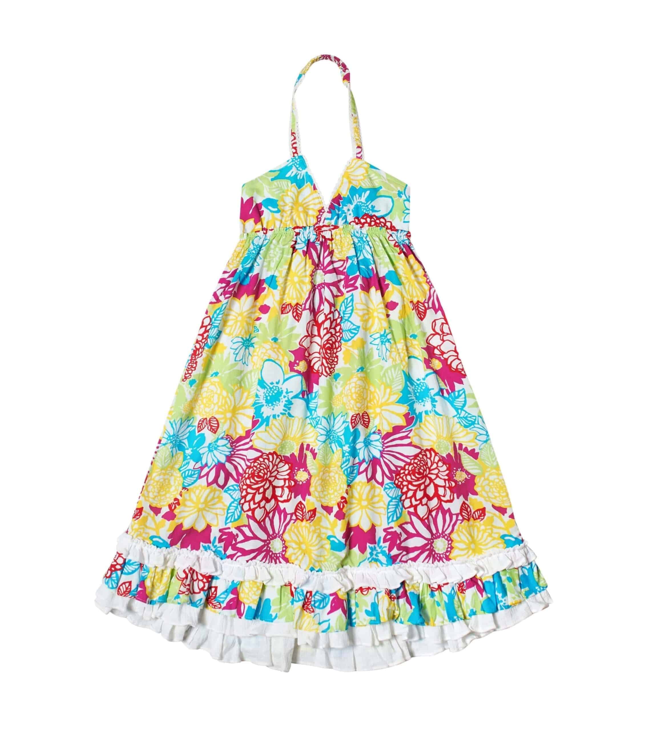 Summer long beach dress for girls in multicolored hawaï cotton, yellow, turquoise blue, fuchsia from the fashion brand for children LA FAUTE A VOLTAIRE