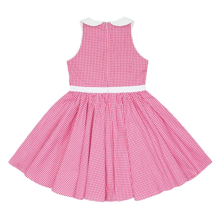 Dress for girls in dark pink and white gingham check cotton, white Claudine collar, American-style armholes, white lace waist from the children's fashion brand LA FAUTE A VOLTAIRE