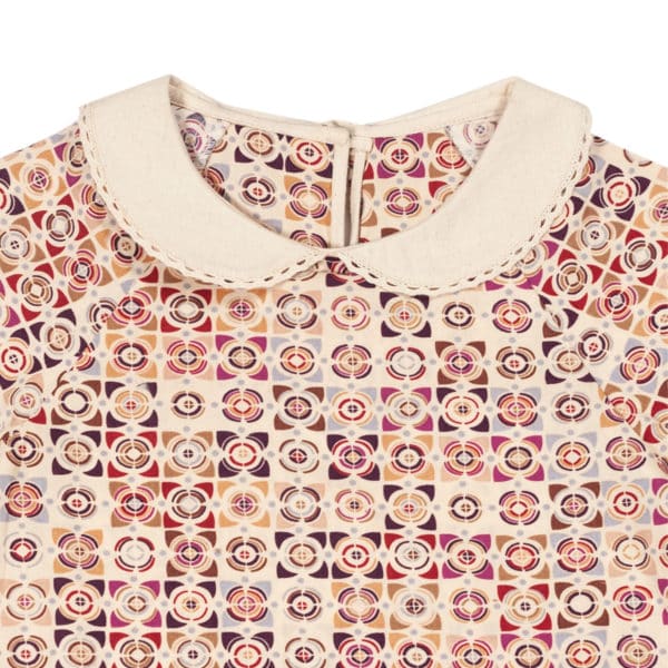 Claudine collar claudine blouse in beige and burgundy graphic print cotton for girls 2 to 12 years old