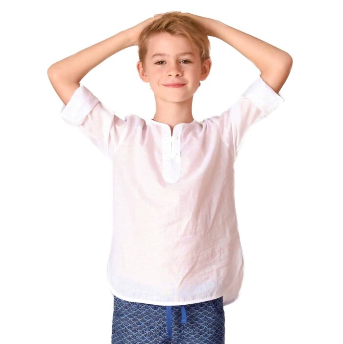 chemise légère blanche à col rond et manches longues en voile de coton blanc pour garçon de 2 à 14 ans