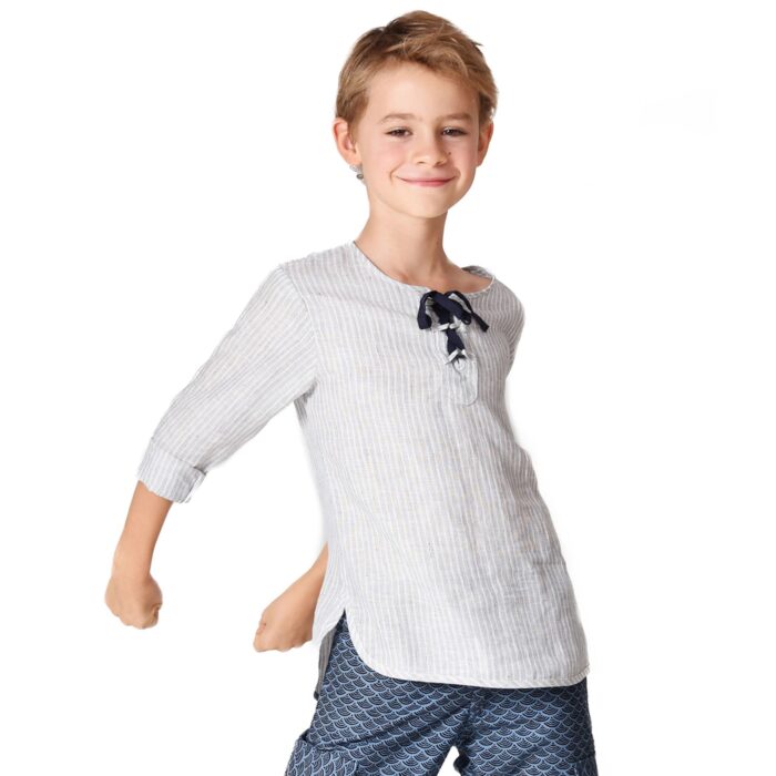 Lightweight boho shirt in grey and white striped cotton voile with navy blue tie collar for boys ages 2 to 14