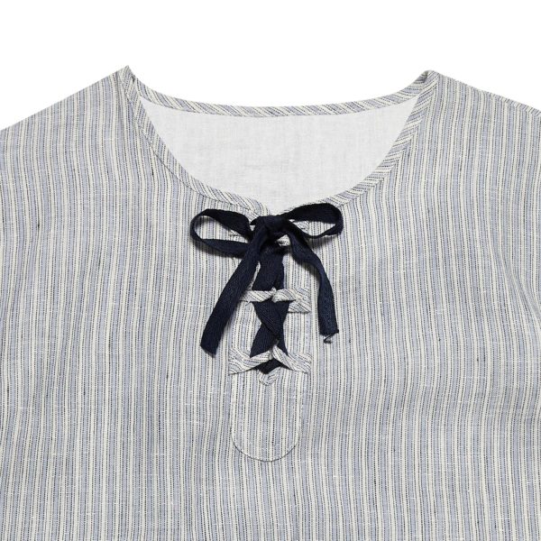 Light bohemian shirt in grey and white striped cotton veil with navy blue collar for boys aged 2 to 14