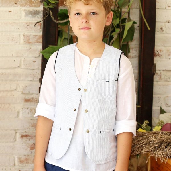 Blue striped cotton sleeveless suit vest with martingale in the back for boys from 2 to 14 years old