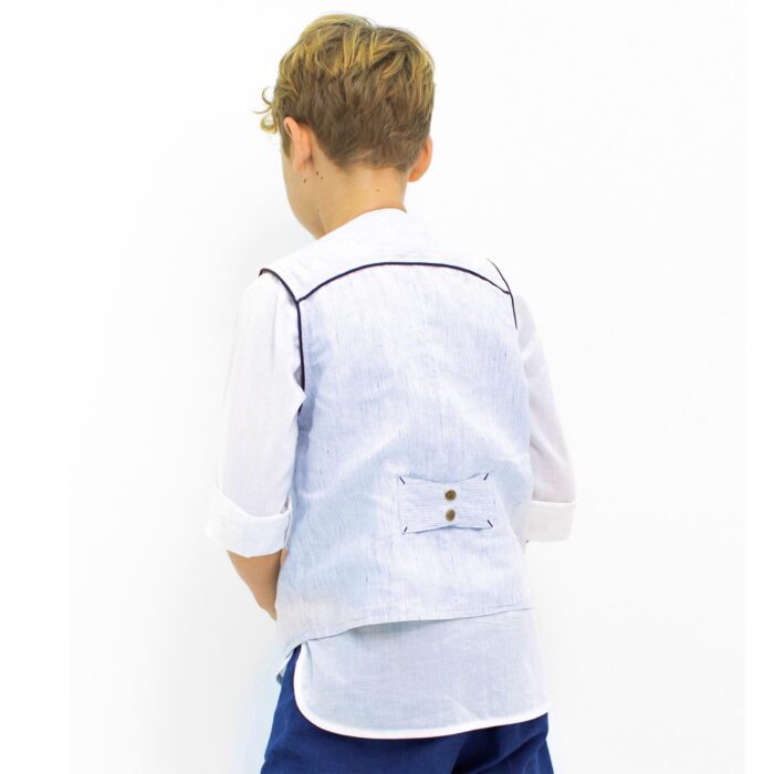 Gilet de costume habillé sans manches en coton rayé bleu avec martingale dans le dos pour garçons de 2 à 14 ans