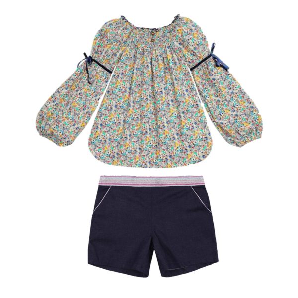 Yellow liberty floral blouse and blue denim denim shorts for girls aged 2 to 14