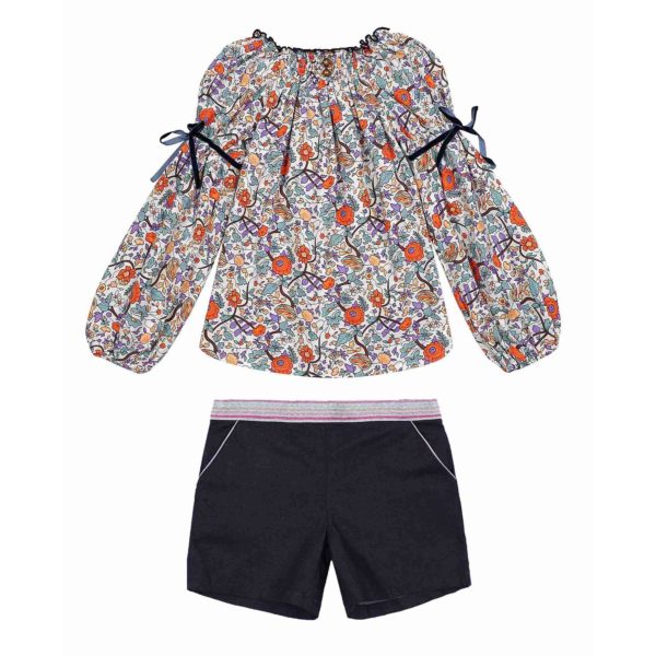 Orange liberty floral blouse and blue denim denim shorts for girls aged 2 to 14