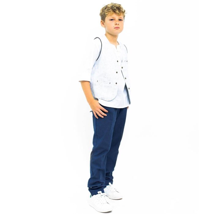 Pantalon de costume à pinces coupe carotte en lin bleu foncé avec poches pour garçons de 2 à 14 ans