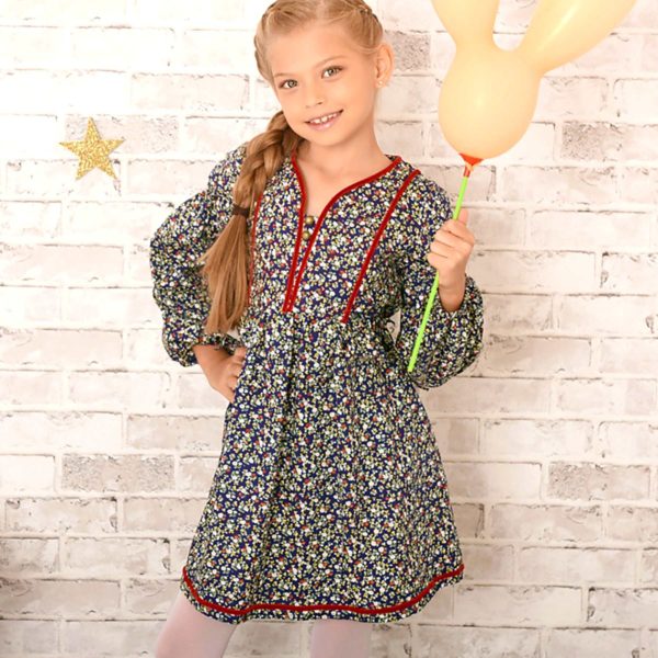 red liberty floral navy cotton dress with quilted front plastron and red ribbon for little girls 2 to 12 years old