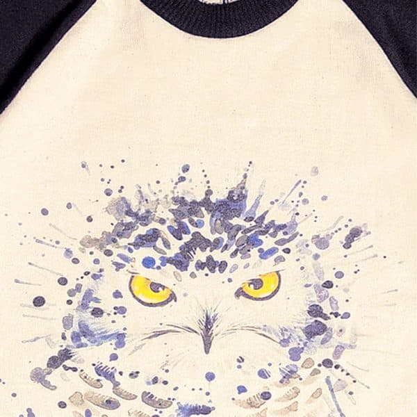 Beige and black cotton sweatshirt dress with nice printed design/pastel blue and yellow owl for girls 2 to 12 years old