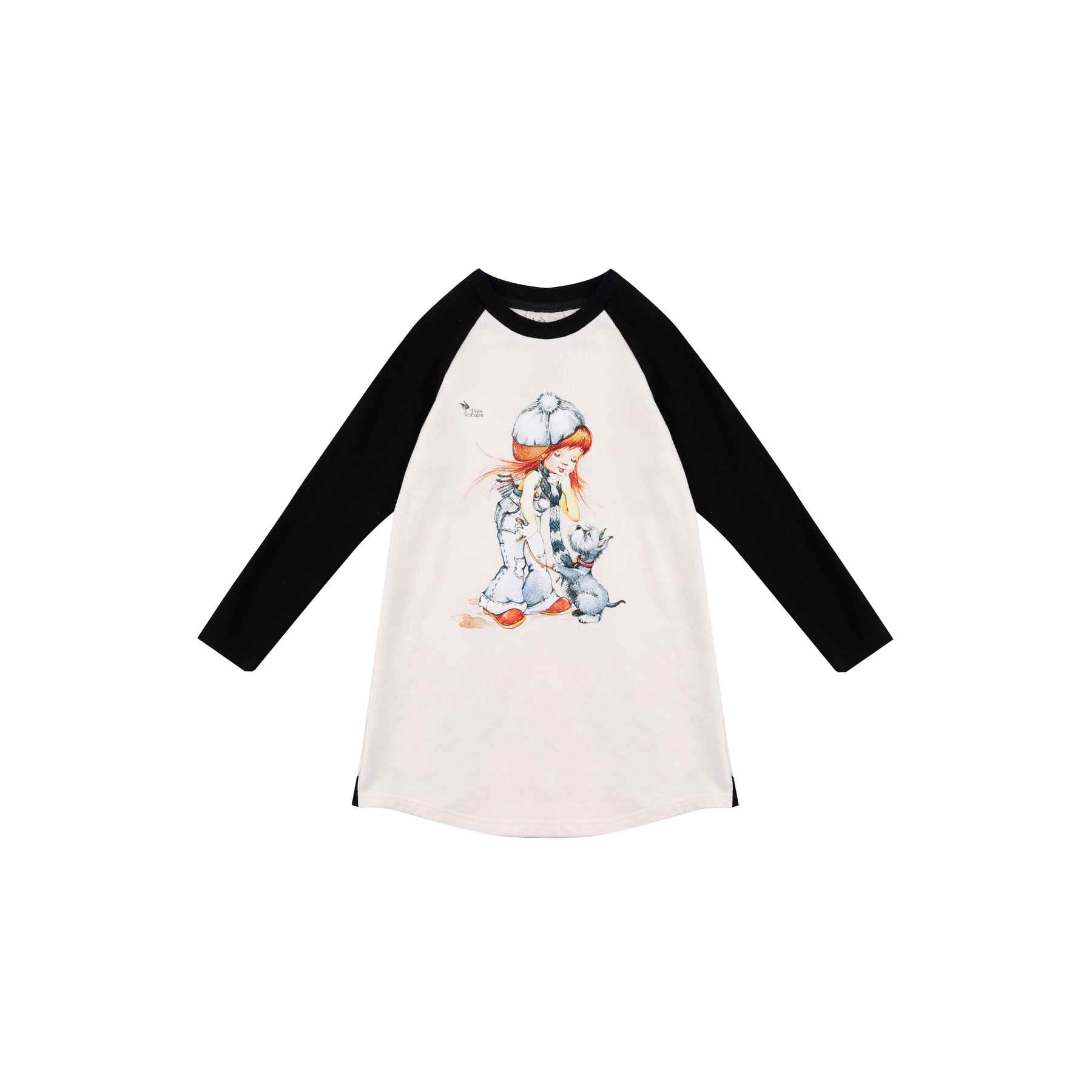 Robe sweat shirt pour filles en coton beige imprimé petite fille Poulbot avec un jean et bonnet, manche en molleton noir. Robe molleton de la marque de mode pour enfants et ados LA FAUTE A VOLTAIRE