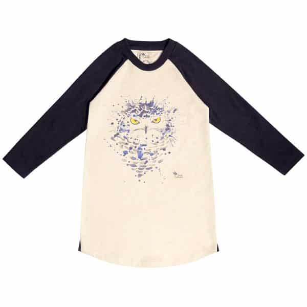Beige and black cotton fleece sweatshirt dress with blue and yellow pastel owl print for girls 2 to 12 years old