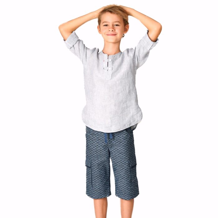 Short bermuda en coton imprimé écailles bleu marine avec poches cargo et taille élastique pour garçons de 2 à 14 ans