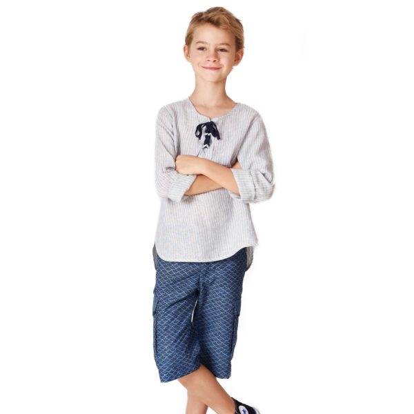 Bermuda shorts in cotton printed navy scales with cargo pockets and elastic waist for boys 2 to 14 years old