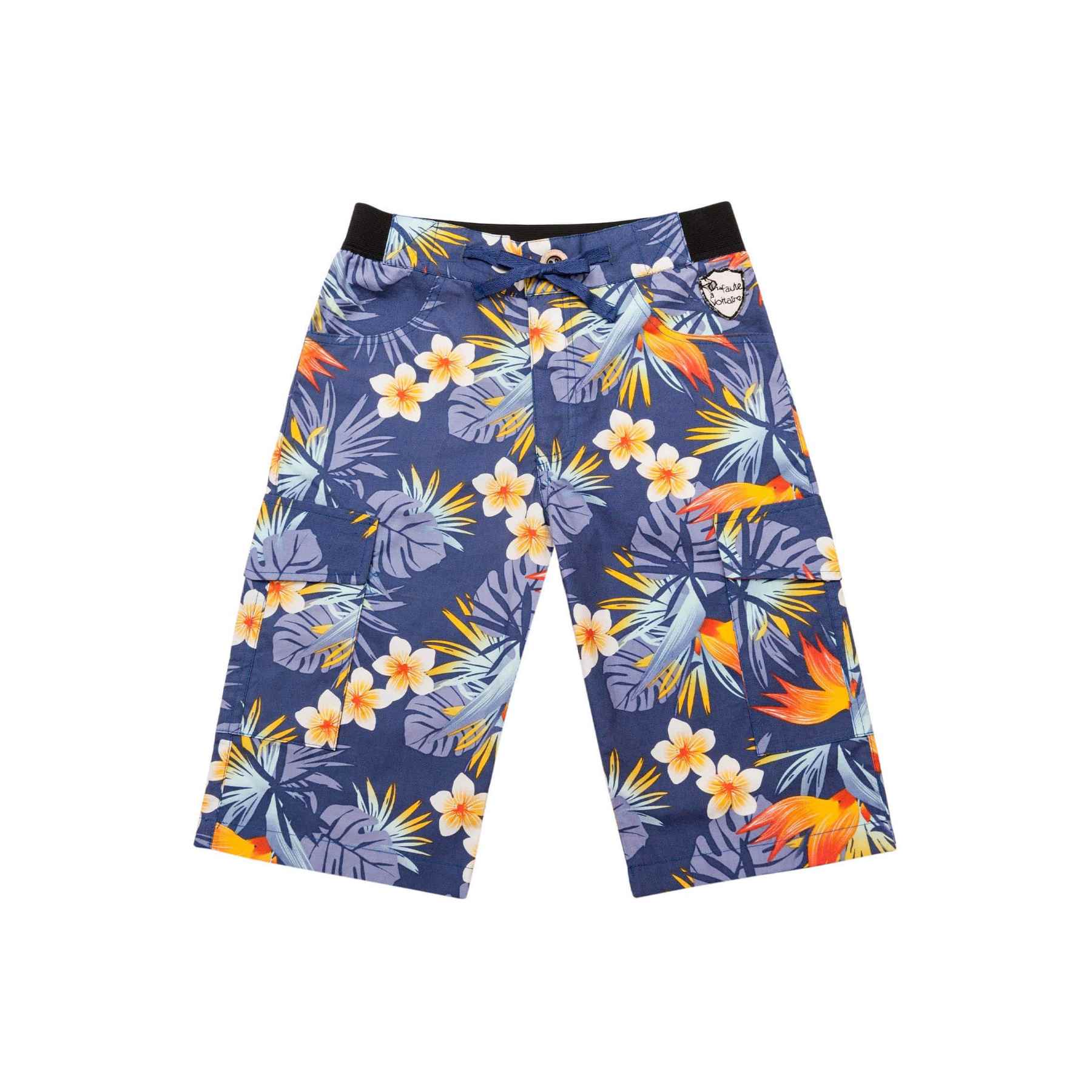 Short bermuda en coton imprimé bleu fleurs hawaïennes avec poches cargo et taille élastique pour garçons de 2 à 14 ans