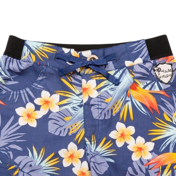Blue cotton shorts with Hawaiian flower print, cargo pockets and elastic waist for boys 2 to 14 years old