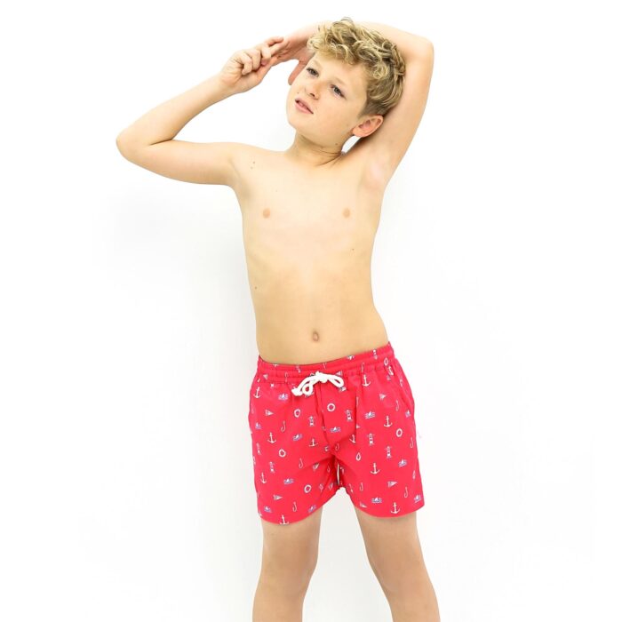 Red swim shorts with marine prints (anchors, boats...) for boys from 2 to 14 years old
