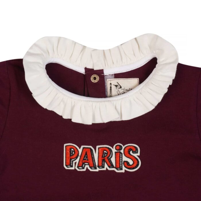 tee-shirt écusson Paris en coton jersey rouge bordeaux avec col froufrou blanc. Pour petites filles de 2 à 12 ans