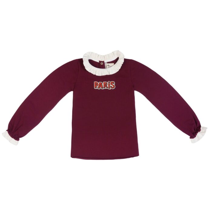 tee-shirt écusson Paris en coton jersey rouge bordeaux avec col froufrou blanc. Pour petites filles de 2 à 12 ans