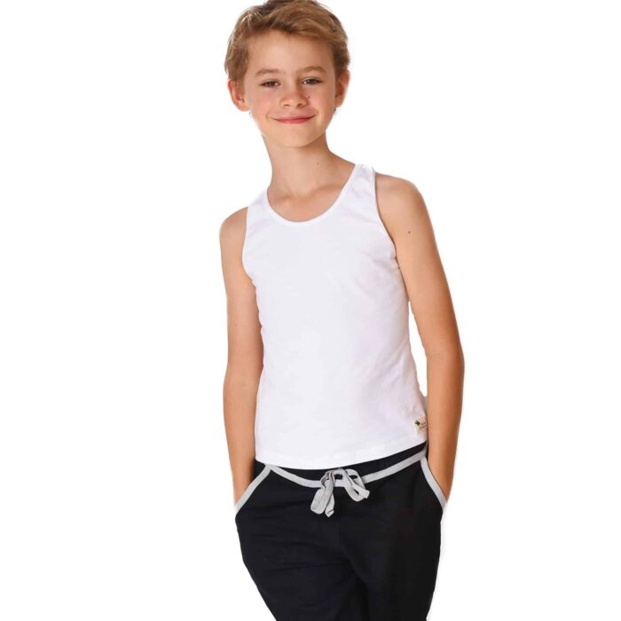Tee-shirt sans manches façon "débardeur marcel" en coton blanc pour garçons de 2 à 14 ans