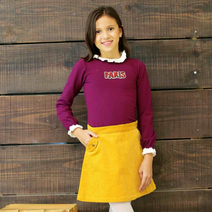 Paris crest tee-shirt in burgundy red cotton jersey with white frilly collar. For little girls from 2 to 12 years old