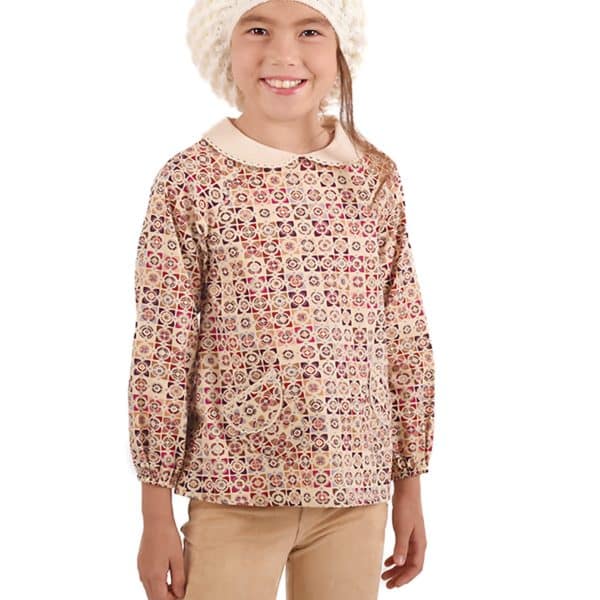 Claudine-necked long-sleeved blouse in beige and burgundy graphic print cotton for girls 2 to 12 years old