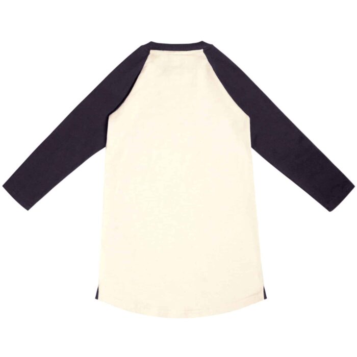 Robe sweat shirt en coton molletonné beige et noir avec dessin imprimé chouette/hibou bleu et jaune pastel pour filles de 2 à 12 ans