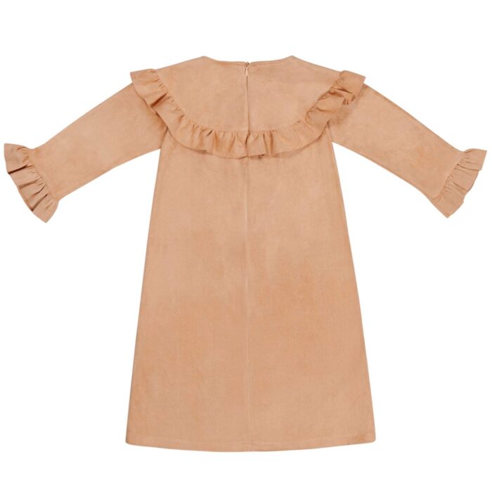 Robe d'inspiration costume indien en imitation daim beige avec volants aux poignets et à la poitrine pour filles de 2 à 12 ans