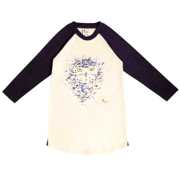 Craquez pour cette adorable robe sweat en coton molletonné beige et noir, et à l'imprimé d'une peintire à l'huile d'un hibou sur le devant. Collection hiver mode pour enfant LA FAUTE A VOLTAIRE.