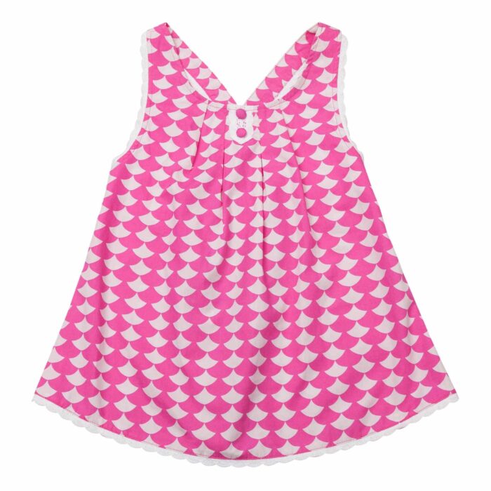 Blouse d'été en coton fantaisie rose et blanc bordé de fine dentelle blanche avec bretelles croisées dans le dos pour filles de 2 à 14 ans