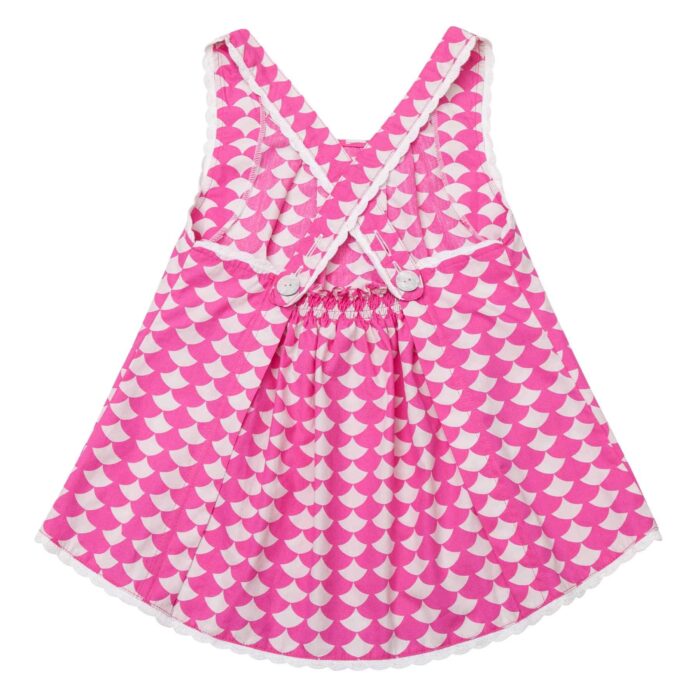 Blouse d'été en coton fantaisie rose et blanc bordé de fine dentelle blanche avec bretelles croisées dans le dos pour filles de 2 à 14 ans