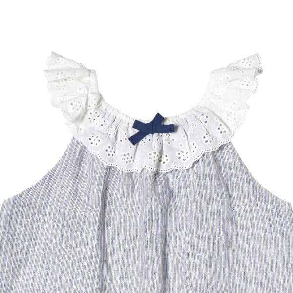 Blouse d'été bohème en coton rayé bleu clair et blanc avec col élastique en broderie anglaise pour filles de 2 à 14 ans