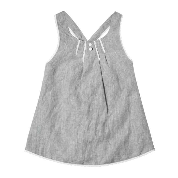 Mouse grey linen summer blouse with white lace trim and crossed back straps for girls 2 to 14 years old
