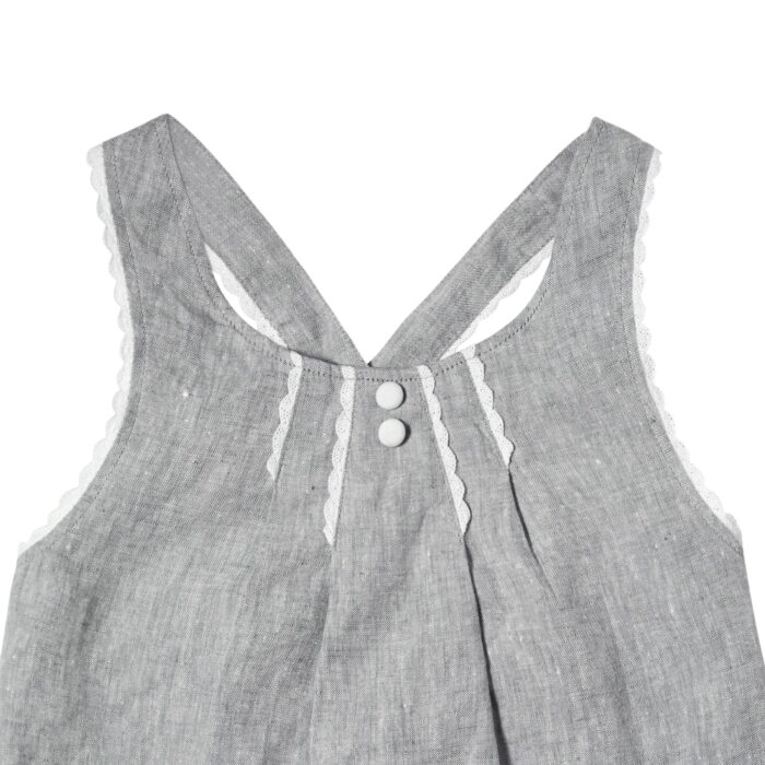 Mouse grey linen summer blouse trimmed with fine white lace with crossed straps in the back for girls 2 to 14 years