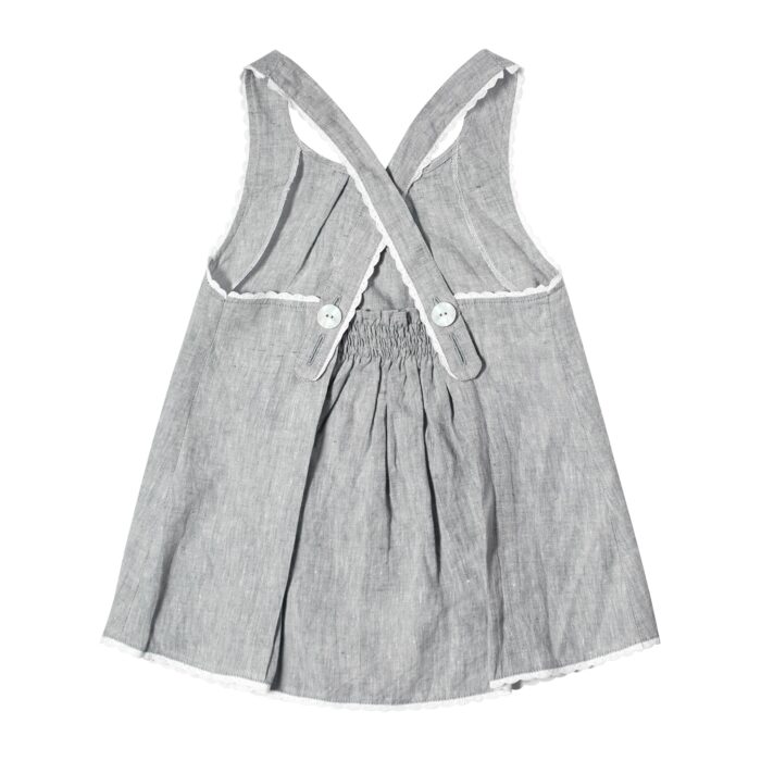 Mouse grey linen summer blouse trimmed with fine white lace with crossed straps in the back for girls 2 to 14 years