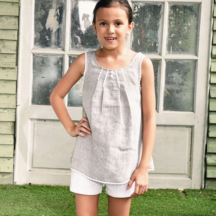 Mouse grey linen summer blouse with white lace trim and crossed back straps for girls 2 to 14 years old
