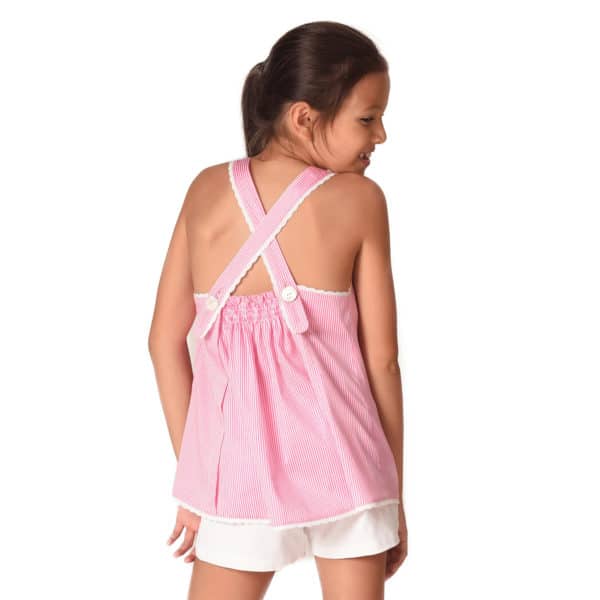 Blouse d'été en coton rayé rose bordé de fine dentelle blanche avec bretelles croisées dans le dos pour filles de 2 à 14 ans